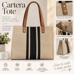 Cartera Tote Beige con Franjas Negras | Bolso Grande